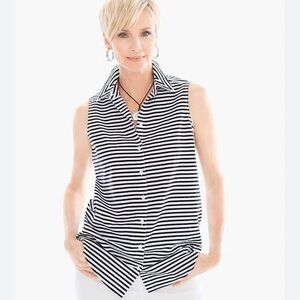 Chico's Black and White Sleeveless Notched Collar Button Down Top